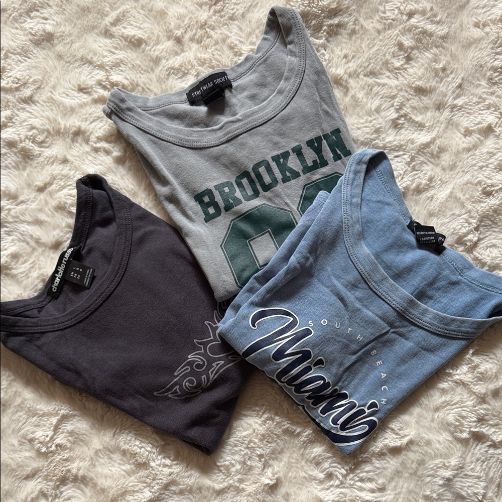 Graphic Tees Crop Top 3 Piece Bundle- Gray, Black, Blue